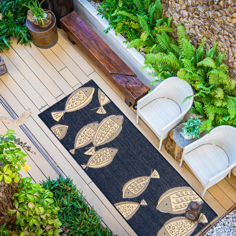 Navy Blue Fish Pattern Flatweave Indoor/Outdoor Rug
