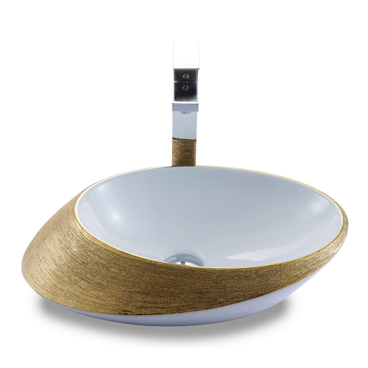 Brushed Gold and White Ceramic Oval Vessel Sink