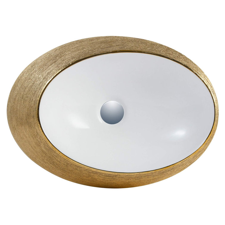 Brushed Gold and White Ceramic Oval Vessel Sink