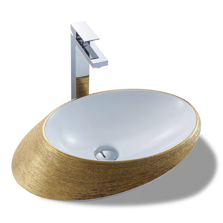 Brushed Gold and White Ceramic Oval Vessel Sink