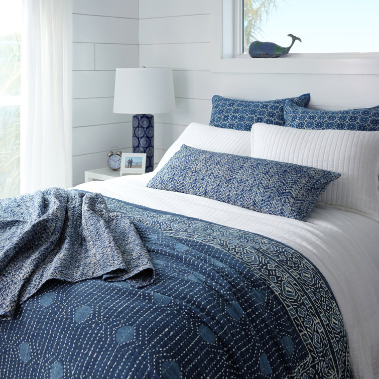Indigo Cotton Block-Print King Coverlet