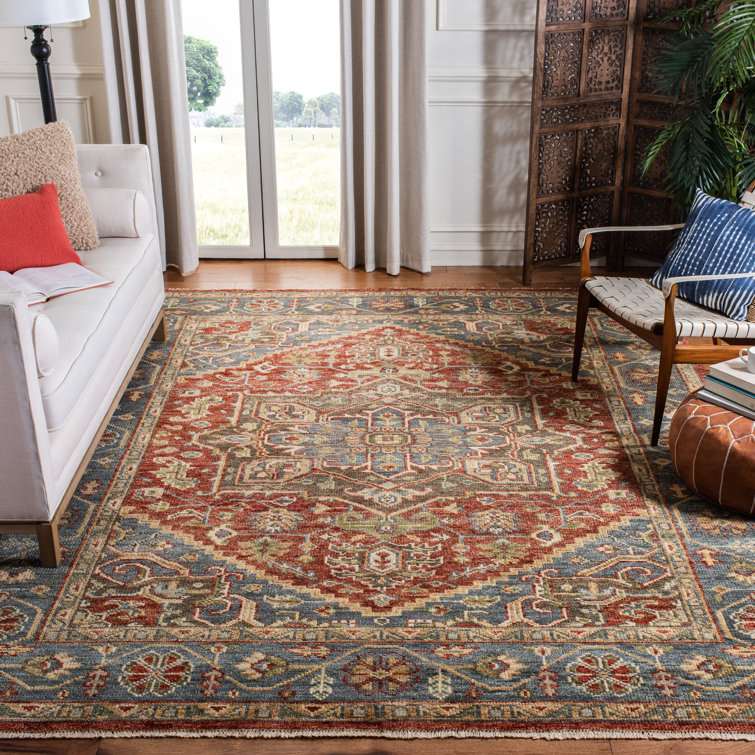 Red and Blue Hand-Knotted Wool 8' x 10' Area Rug