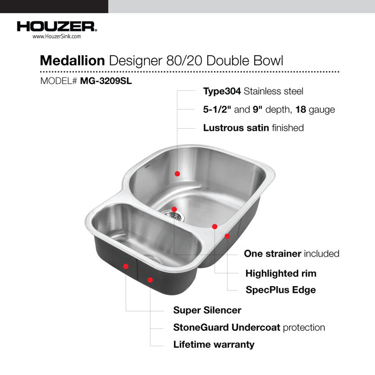 Medallion 33'' Stainless Steel Double Bowl Undermount Kitchen Sink