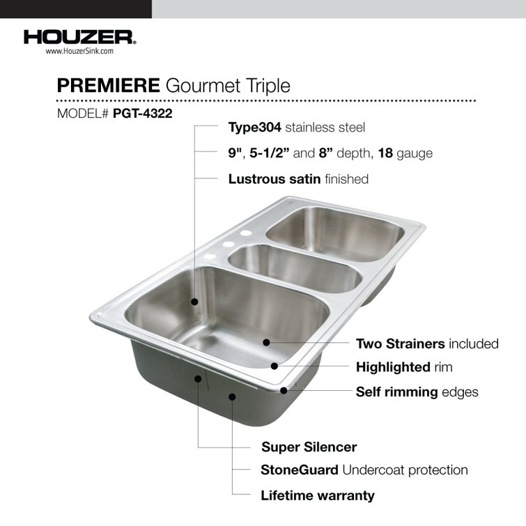 Premier Stainless Steel Triple Bowl Drop-In Kitchen Sink