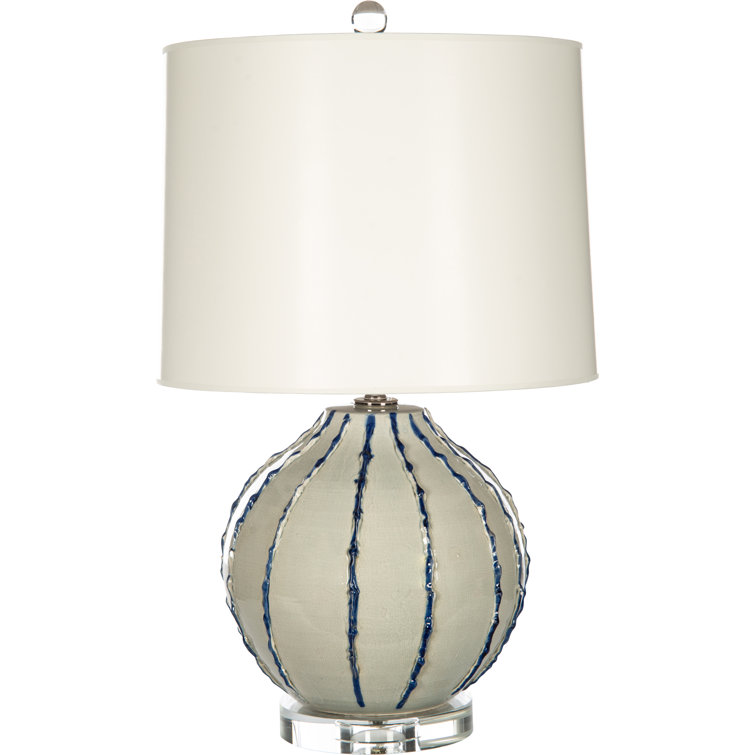 Navy Blue Ceramic Table Lamp with Cream Leather Shade