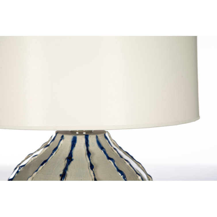 Navy Blue Ceramic Table Lamp with Cream Leather Shade