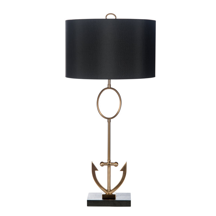 Anchor Emblem Black Linen Drum Shade Metal Table Lamp