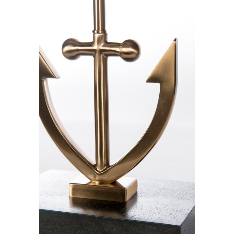 Anchor Emblem Black Linen Drum Shade Metal Table Lamp