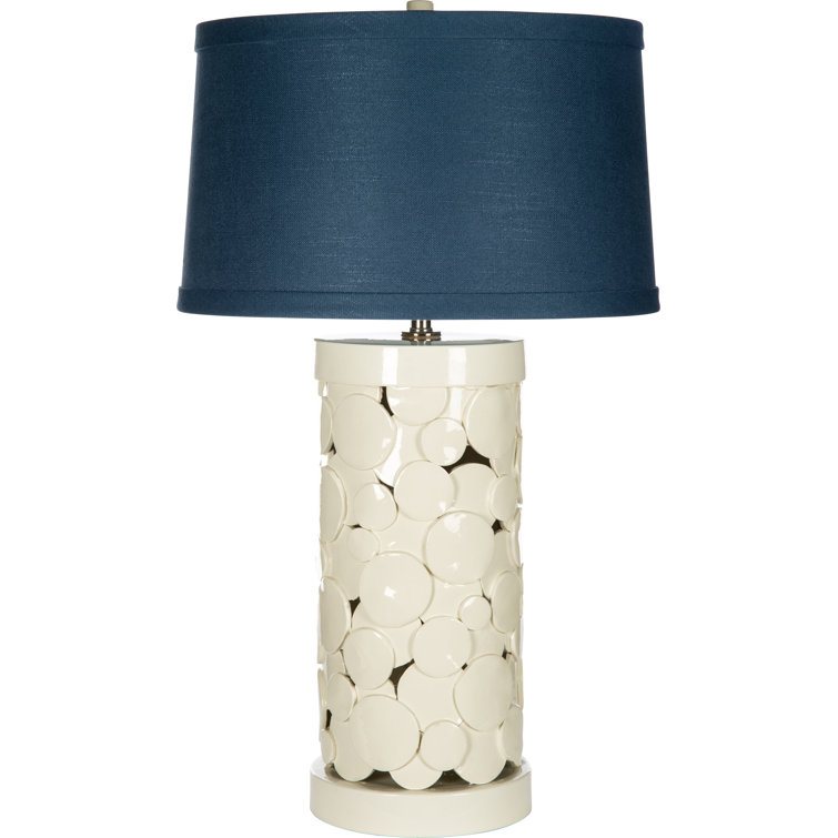 Off-White Ceramic Table Lamp with Navy Linen Shade