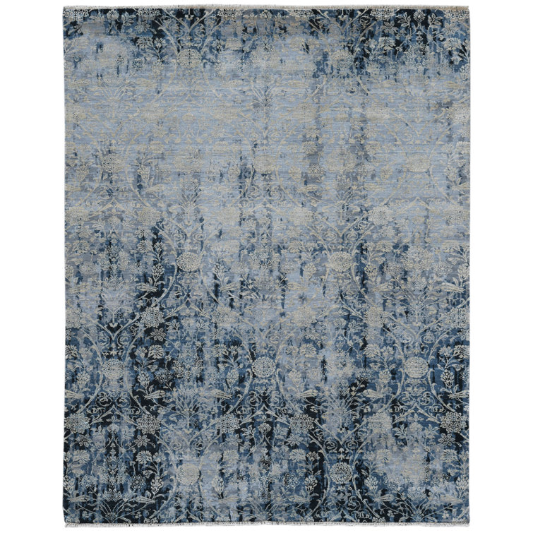 Pearl Hand-Knotted Blue Wool and Silk Area Rug