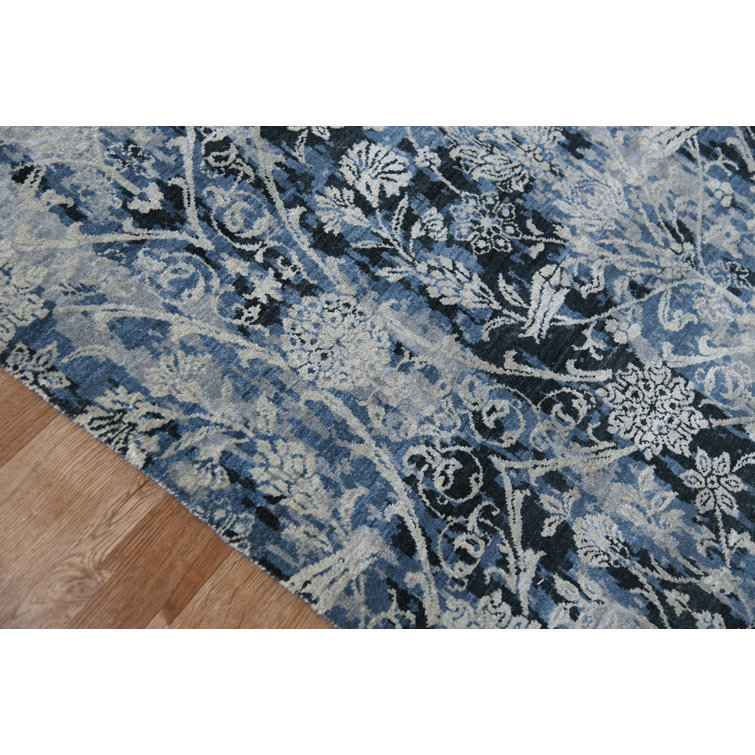 Pearl Hand-Knotted Blue Wool and Silk Area Rug