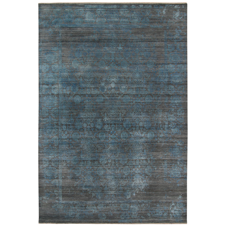 Pearl Hand-Knotted Dark Gray and Blue Wool Silk Rug