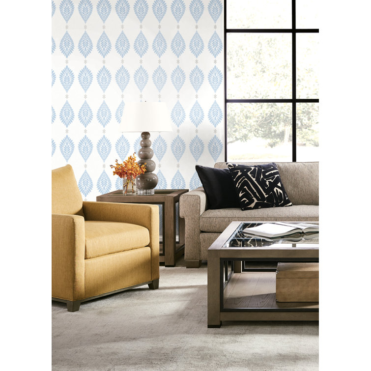 Carolina Blue and Eggshell Palm Frond Vinyl-Coated Wallpaper