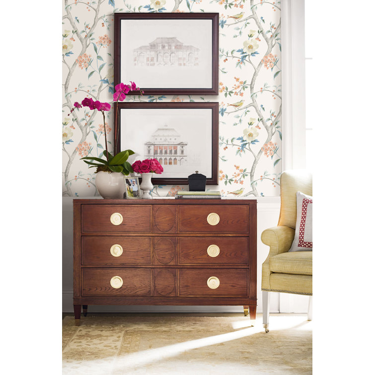 Southport Floral Eggshell Melon and Blue Vinyl Wallpaper