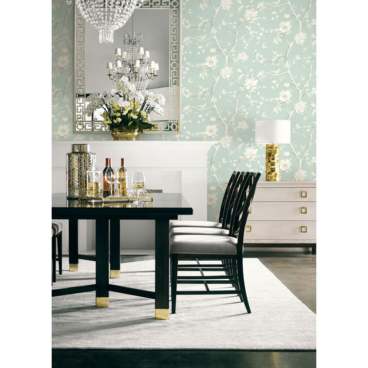 Sea Glass and Ivory Vinyl-Coated Floral Wallpaper