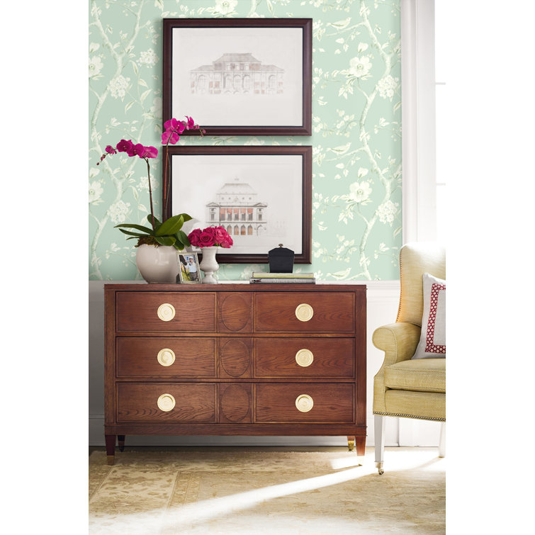 Sea Glass and Ivory Vinyl-Coated Floral Wallpaper