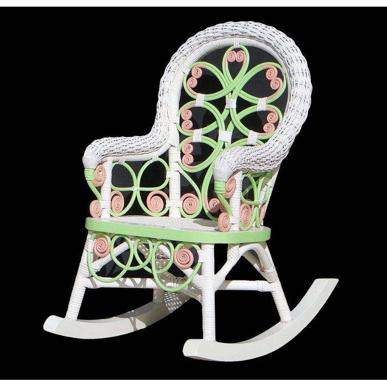 Victorian White Wicker Rocking Chair with Pink and Green Accents