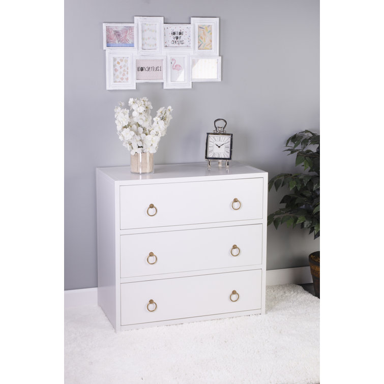 Elegant White Acacia 3-Drawer Chest with Gold Metallic Hardware