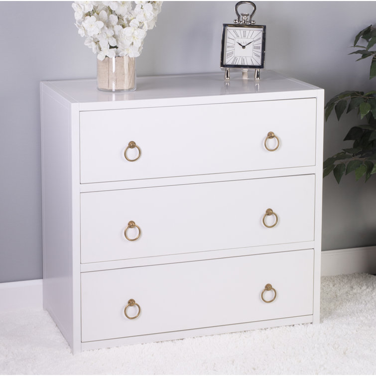 Elegant White Acacia 3-Drawer Chest with Gold Metallic Hardware
