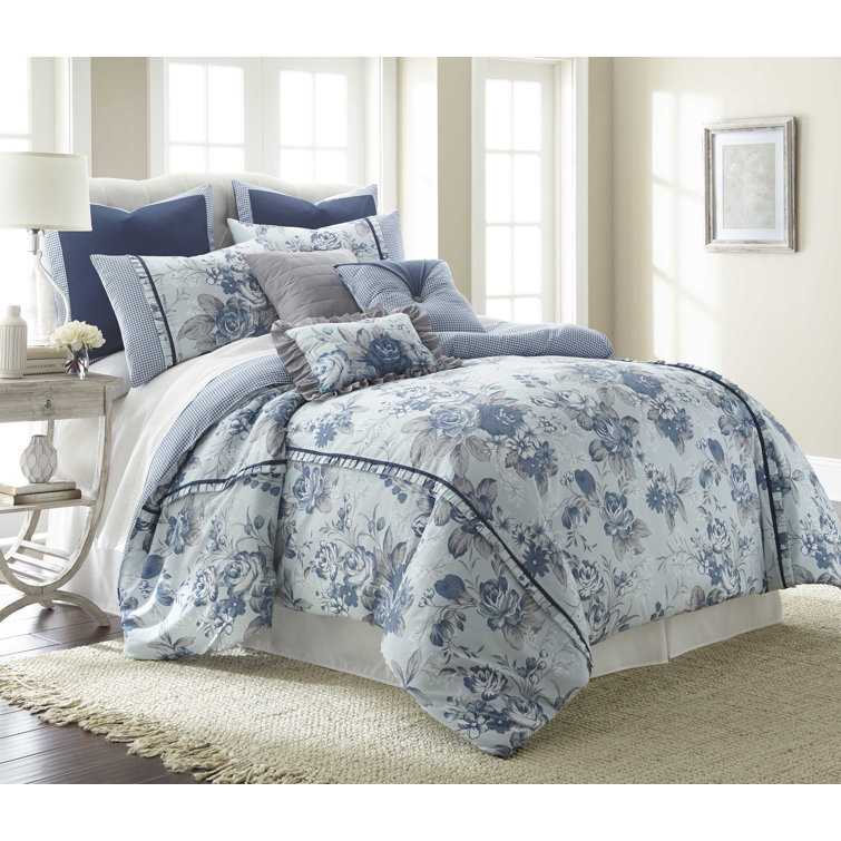 King Blue Floral Microfiber Reversible Comforter Set