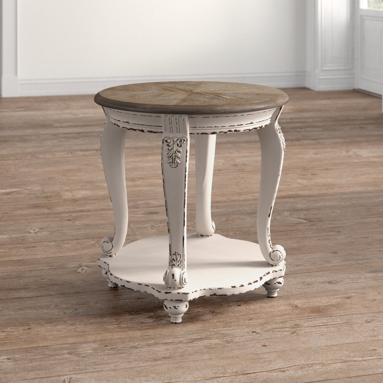 Antiqued Two-Tone Mirrored Storage Round End Table