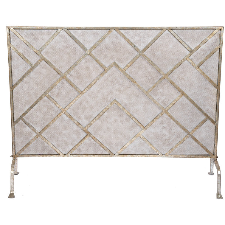 Champagne Distressed Steel Mesh Single Panel Fireplace Screen