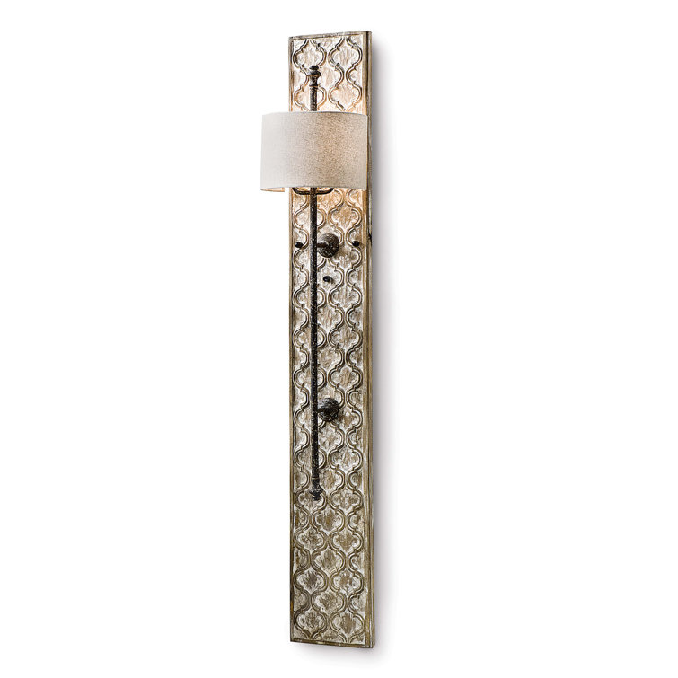 Distressed Gold Dual-Light Linen Shade Carved Sconce