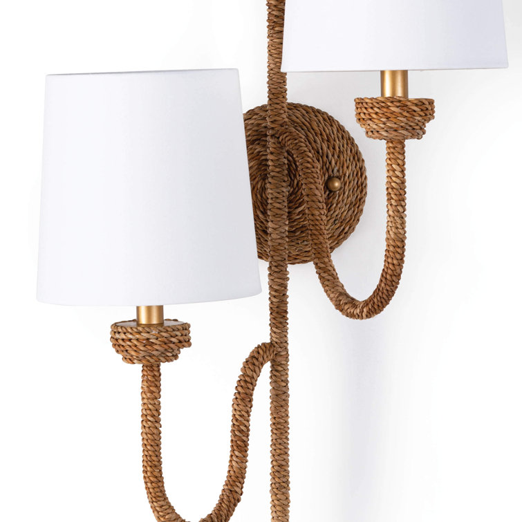 Charming Gold Linen Shade Wicker Rattan Double Wall Sconce