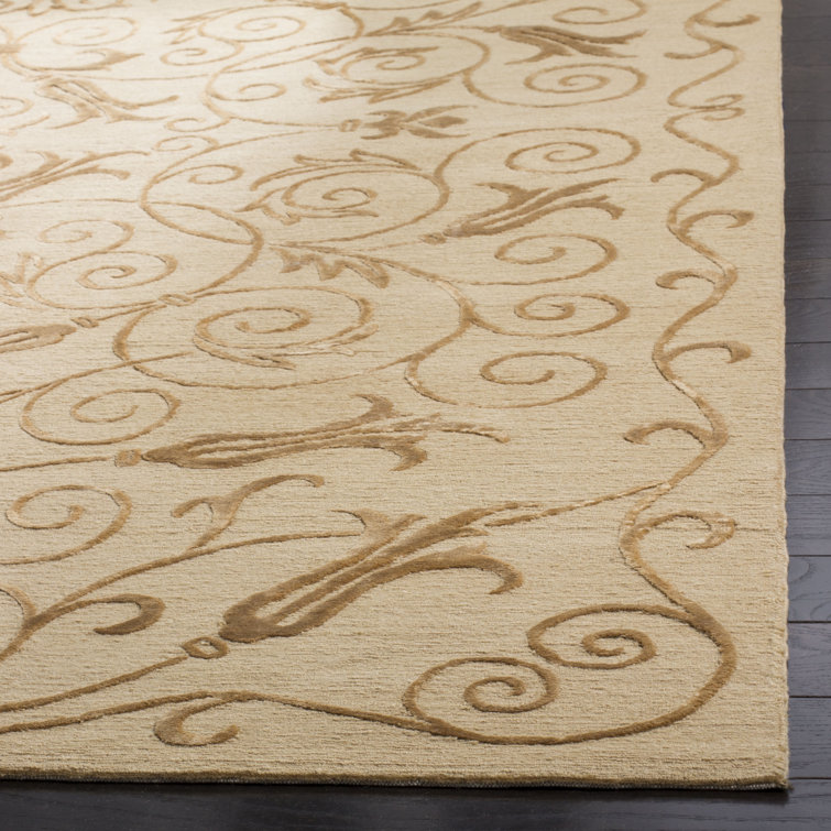 Hand-Knotted Light Gold Wool Silk Geometric 4' x 6' Rug