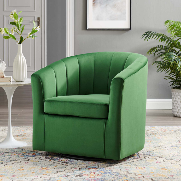 Emerald Velvet Barrel Swivel Accent Chair with Wood Base