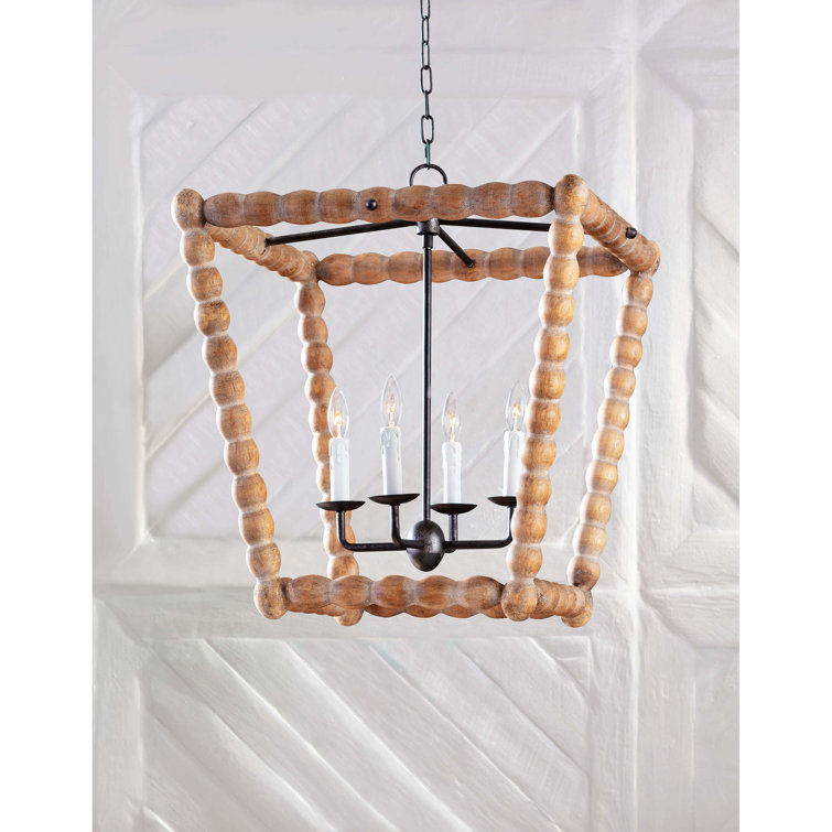Coastal Charm Birch Wood 4-Light Lantern Pendant, Natural Finish