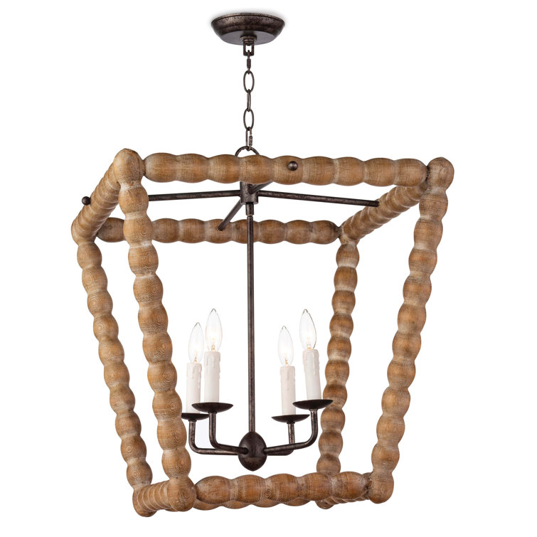 Coastal Charm Birch Wood 4-Light Lantern Pendant, Natural Finish
