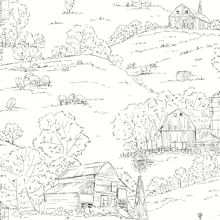 Black and White Farmhouse Toile Nonwoven Wallpaper