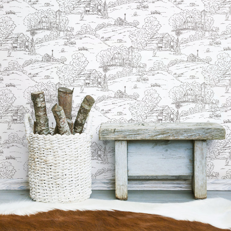 Black and White Farmhouse Toile Nonwoven Wallpaper