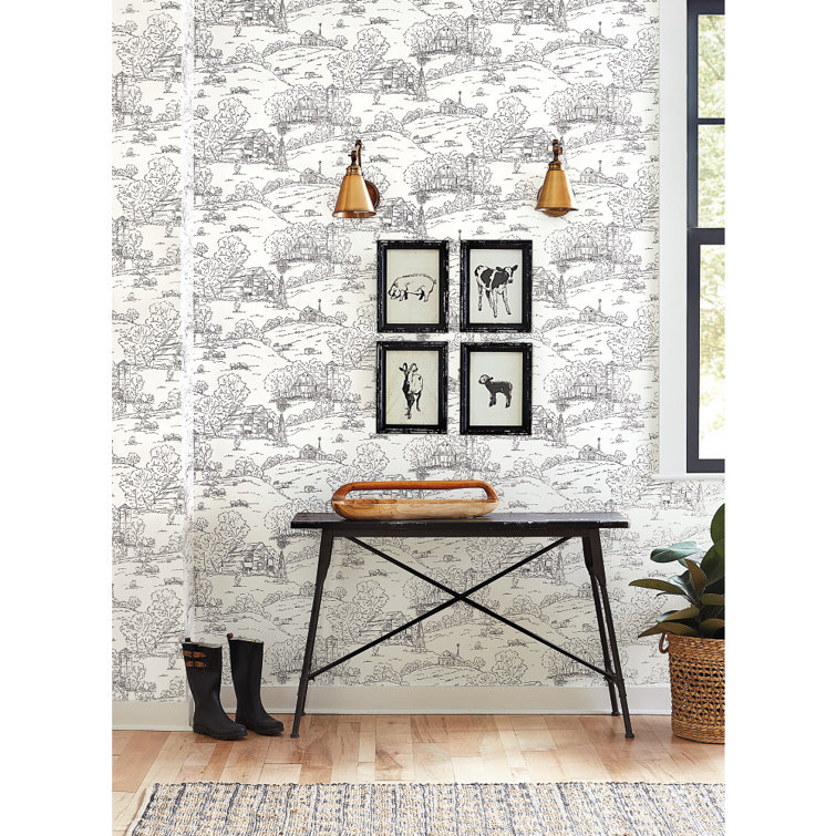 Black and White Farmhouse Toile Nonwoven Wallpaper