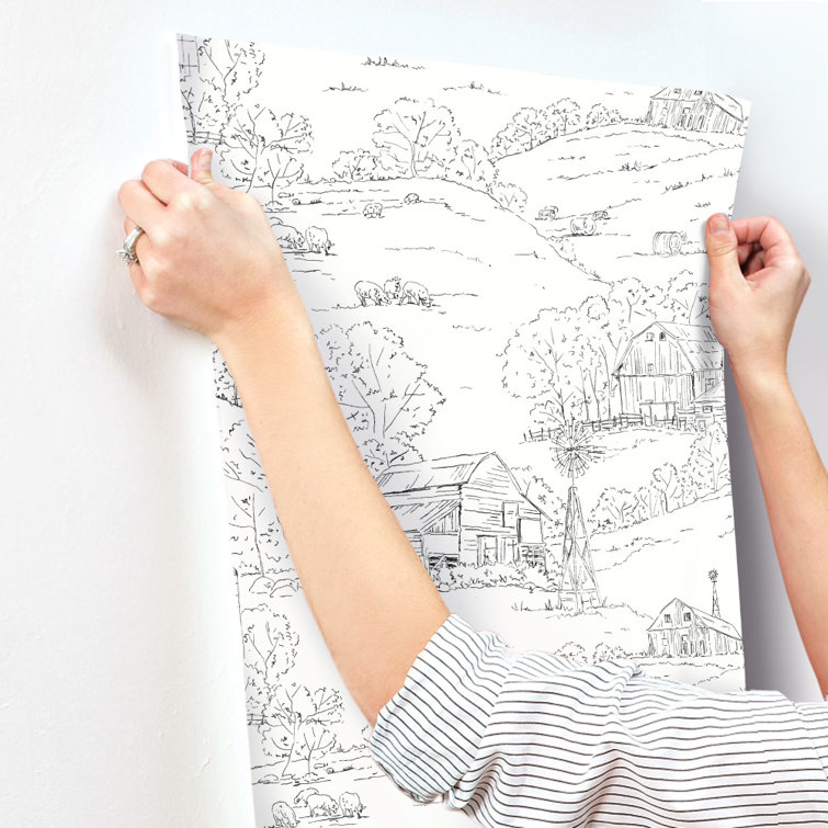 Black and White Farmhouse Toile Nonwoven Wallpaper