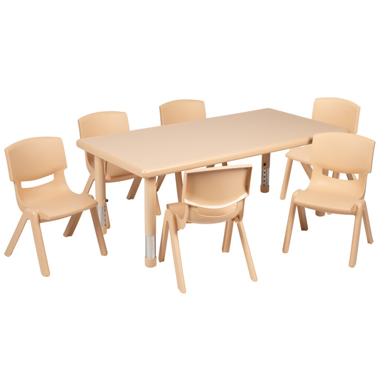 Natural Plastic Height Adjustable Kids Activity Table Set with 6 Chairs