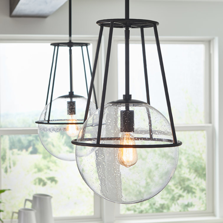 Atlas Aged Iron Globe Pendant with Clear Seeded Glass