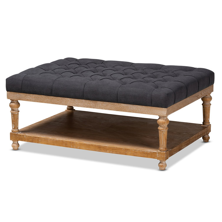 Charcoal Linen Fabric Tufted Cocktail Ottoman with Storage Shelf