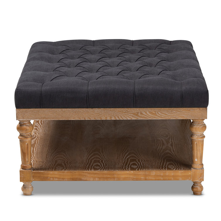 Charcoal Linen Fabric Tufted Cocktail Ottoman with Storage Shelf