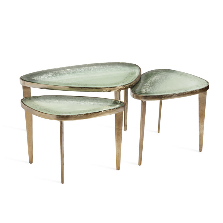 Champagne Brass Triangular Coffee Table with Grey Sky Glass