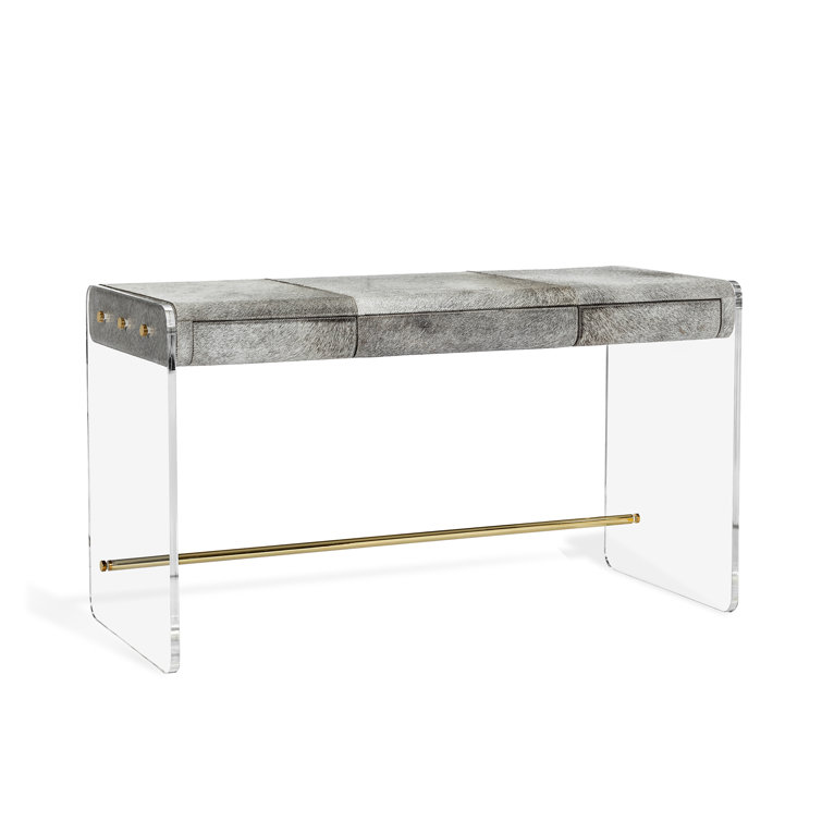 Cora 52" Clear Acrylic and Polished Brass Writing Desk with Gray Hide