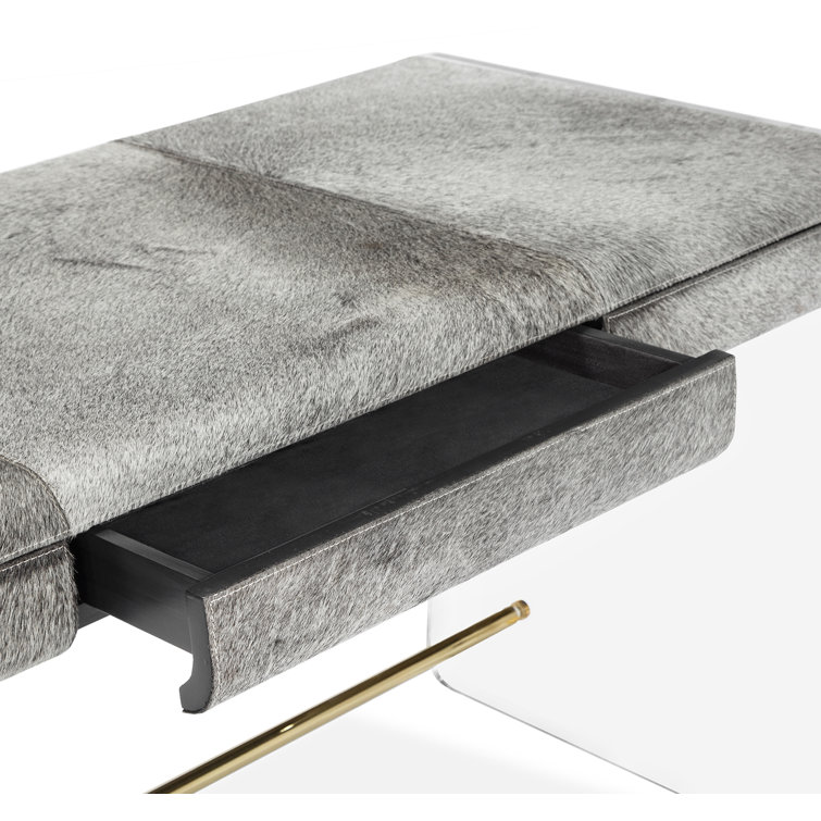 Cora 52" Clear Acrylic and Polished Brass Writing Desk with Gray Hide