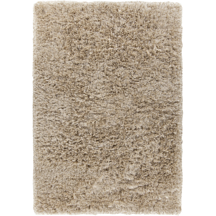 Beige Rectangular Handwoven Shag Wool Area Rug