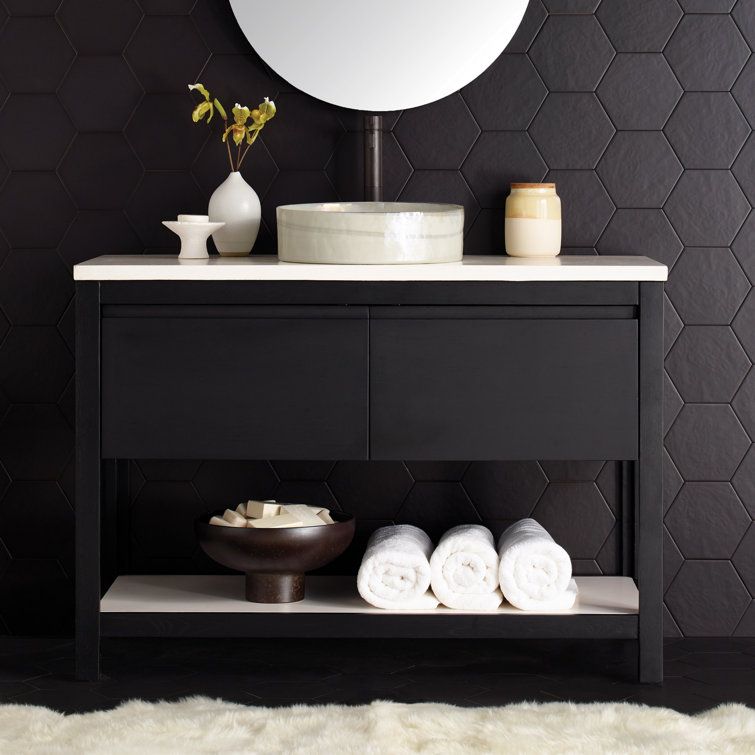 Transitional Solace 48" Midnight Oak Freestanding Vanity Base with Pearl Shelf