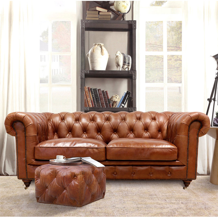 71.6'' Brown Genuine Leather Tufted Chesterfield Loveseat