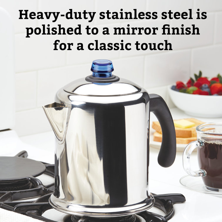 Classic Stainless Steel 12-Cup Coffee Percolator with Blue Glass Knob