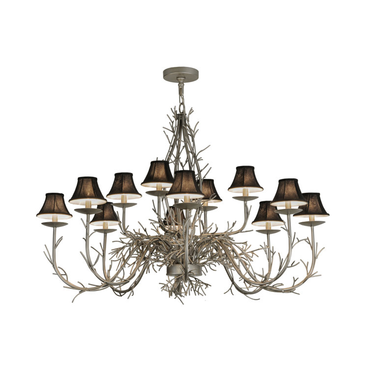 Nickel Twigs 12-Light Chandelier with Black Shades