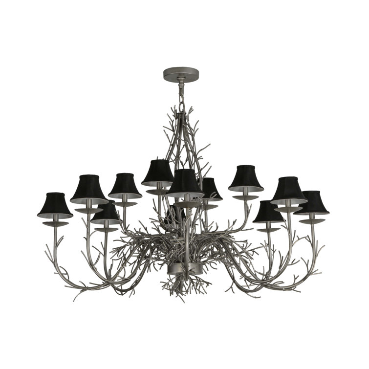 Nickel Twigs 12-Light Chandelier with Black Shades