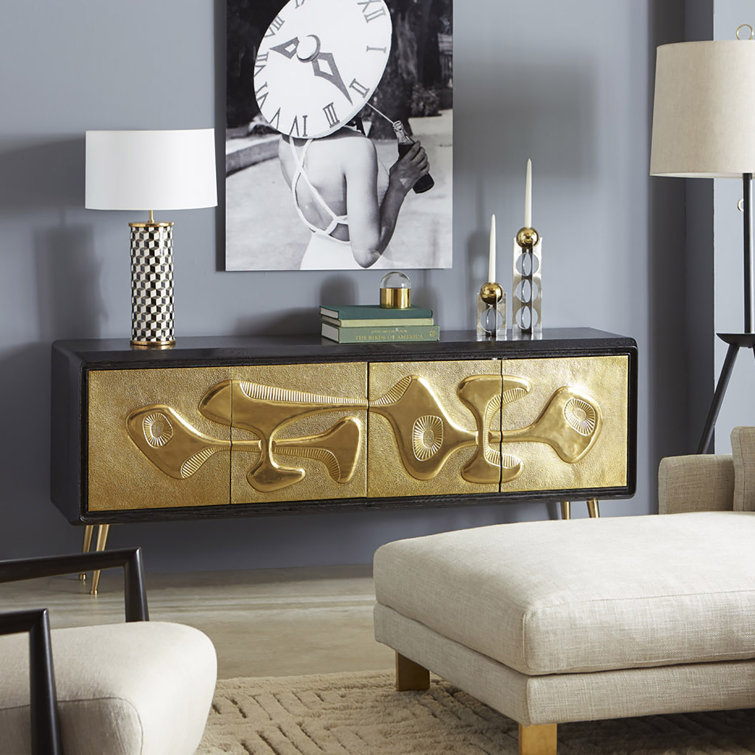 Brutalist Inspired Black and Brass Hand-Hammered Credenza
